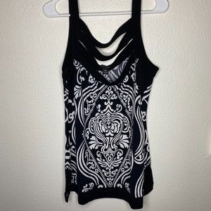 WHITE HOUSE BLACK MARKET Top XL Print Tunic Shirt Stretch Cut Out Chest Casual